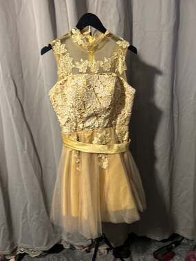 Anny Lee Gold Short Lace Appliqué Illusion High Neck Homecoming Prom Dress